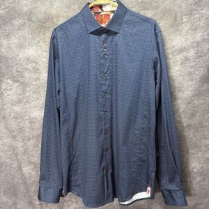 Au Noir Mens Navy Blue Geometric Print Button Down Shirt Size 4 L Flip Cuff